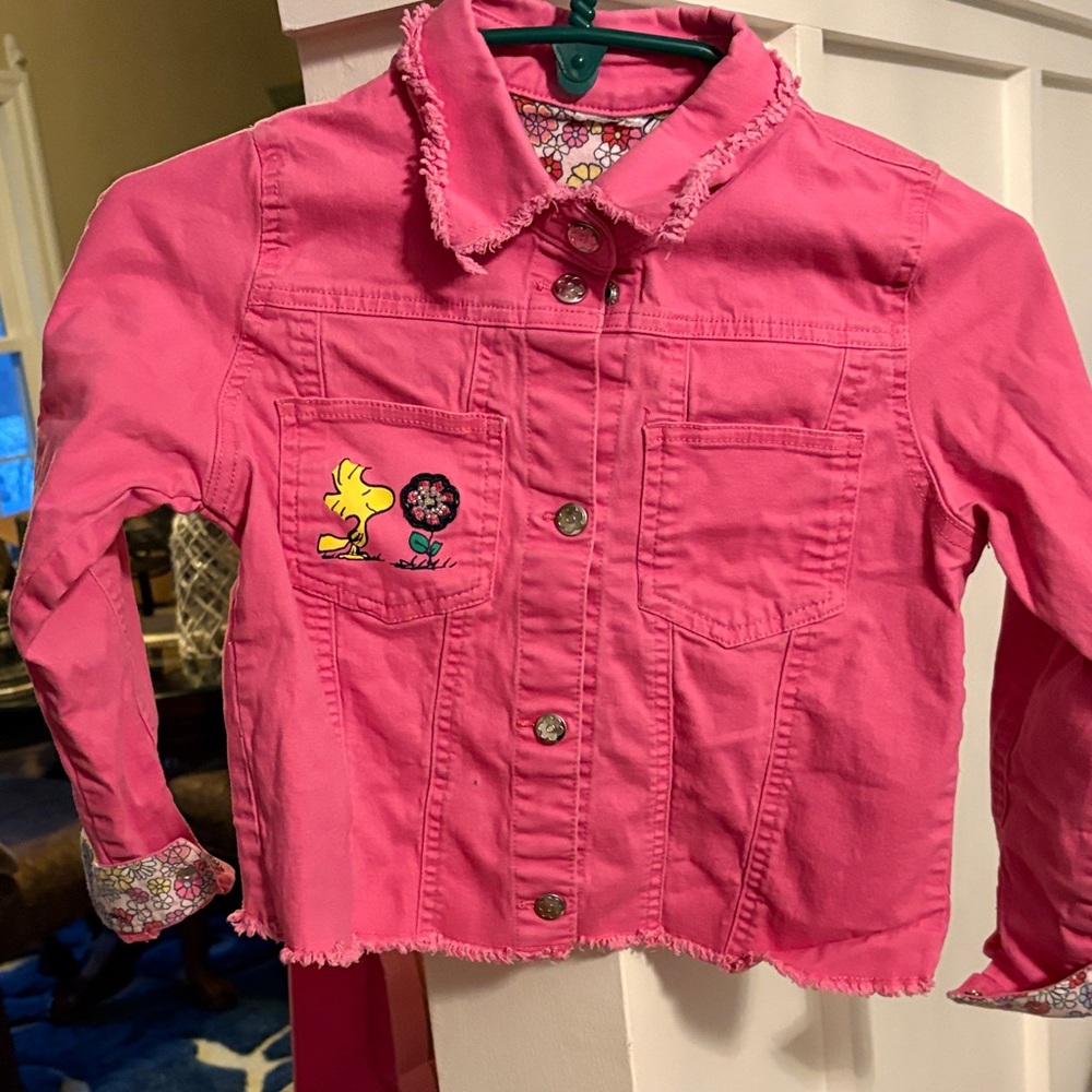 Girls' Bright Pink Embroidered Denim-Style Jacket